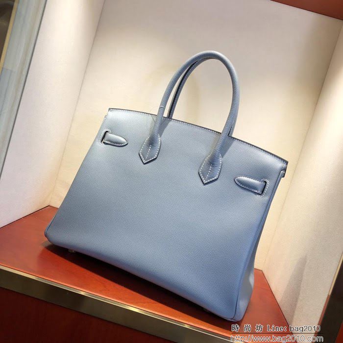 HERMES愛馬仕 鉑金包 Birkin 30cm Epsom J7 Bule Lin 亞麻藍 金扣 頂級工藝 純手縫蠟線 時尚手提包  Ama1208
